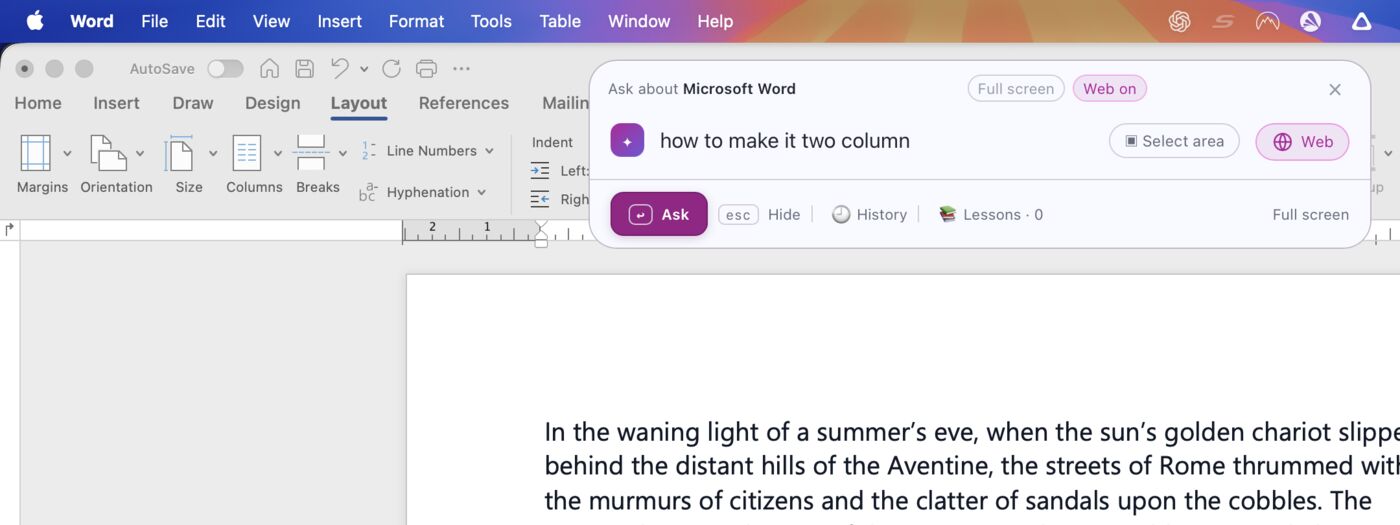 Guidelet's ask bar floating over a Microsoft Word document, reading "Ask about Microsoft Word"