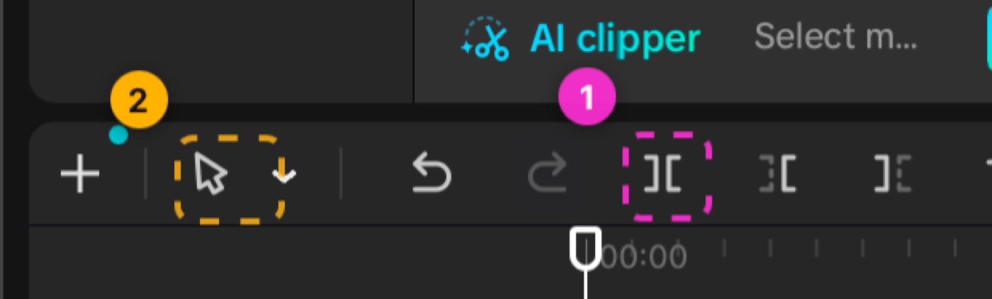 Pink box on the CapCut split button, amber box on the cursor tool